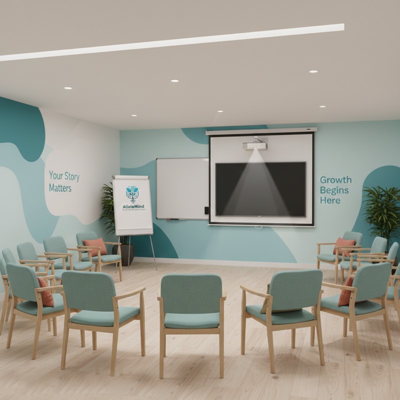 AlivioMind counselling room with comfortable seating for therapy sessions